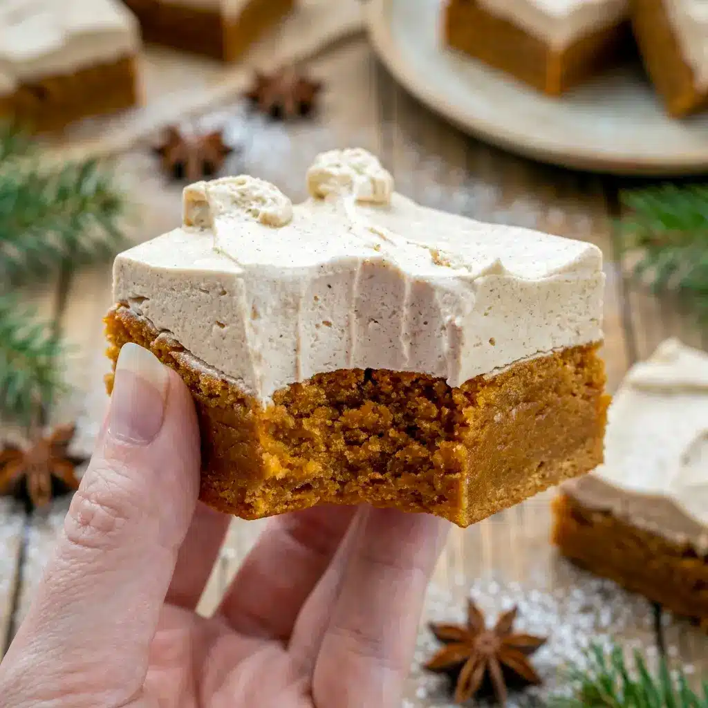 A festive tray of Frosted Gingerbread Brownies with creamy topping, styled as Gingerbread Bars With Frosting for a holiday dessert board.