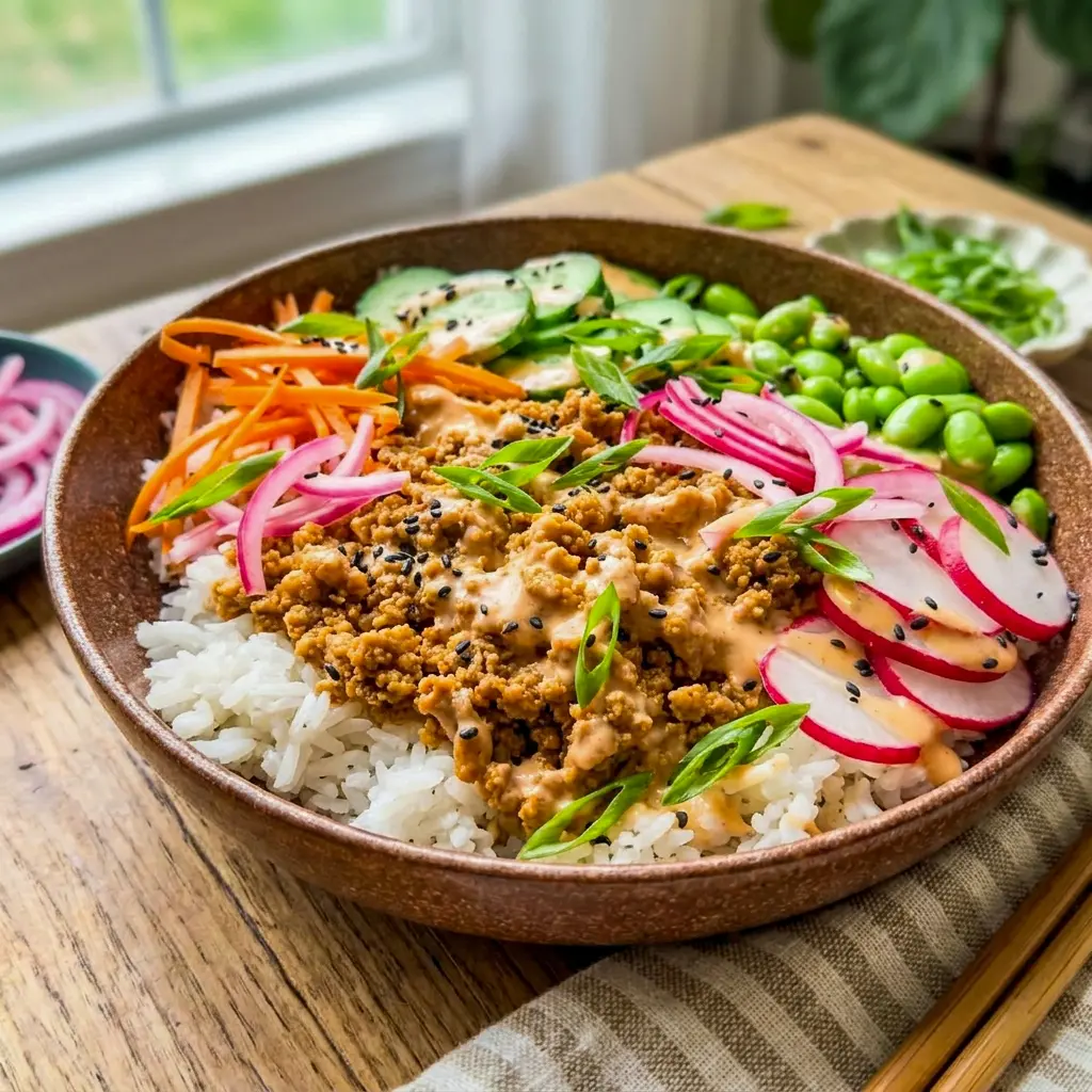 Ground Turkey Rice Bowls with Bang Bang Sauce made for 75 Soft Meals with fresh toppings and high-protein turkey.