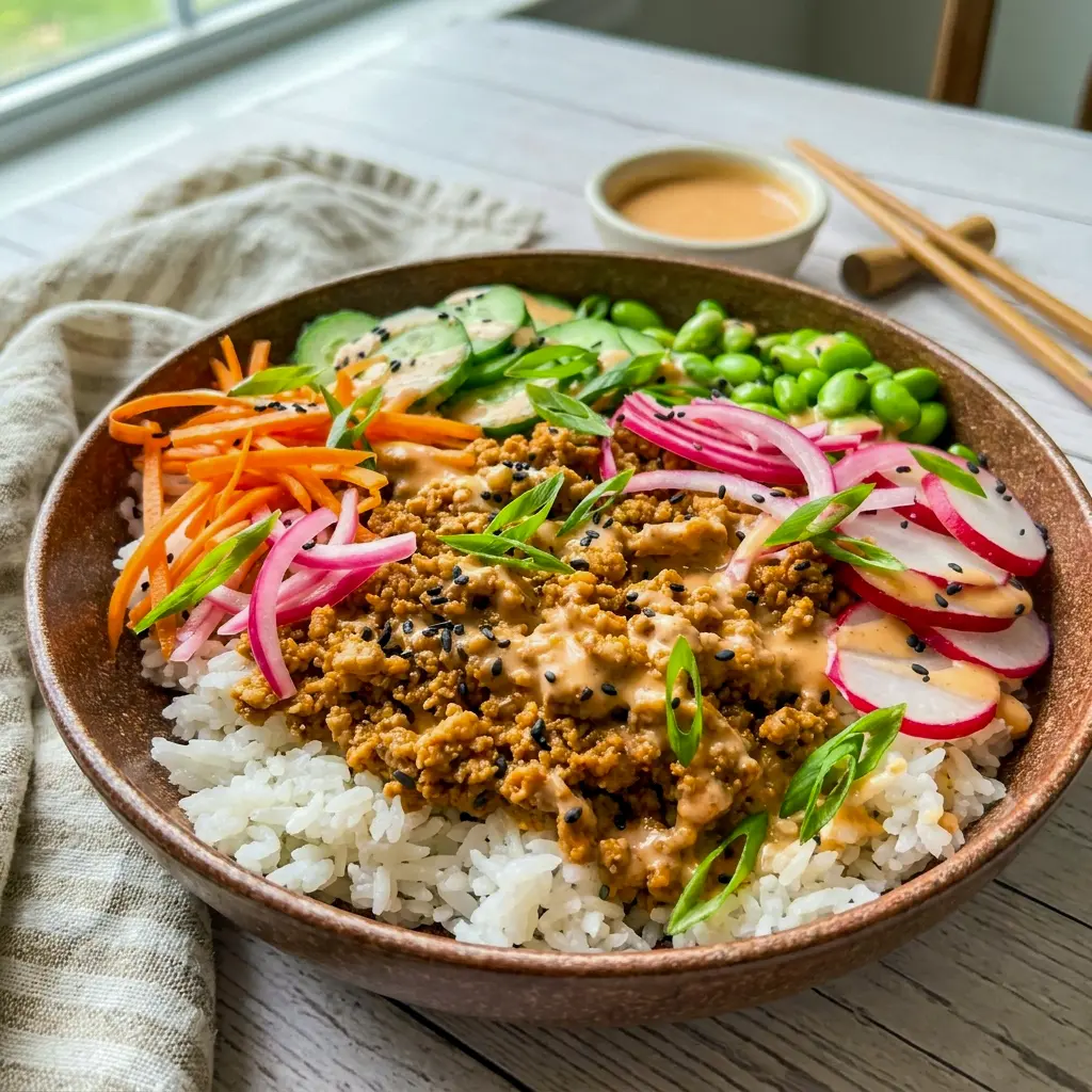Ground Turkey Rice Bowls with Bang Bang Sauce served as Dinner Ideas High Protein with crunchy vegetables and bold sauce.