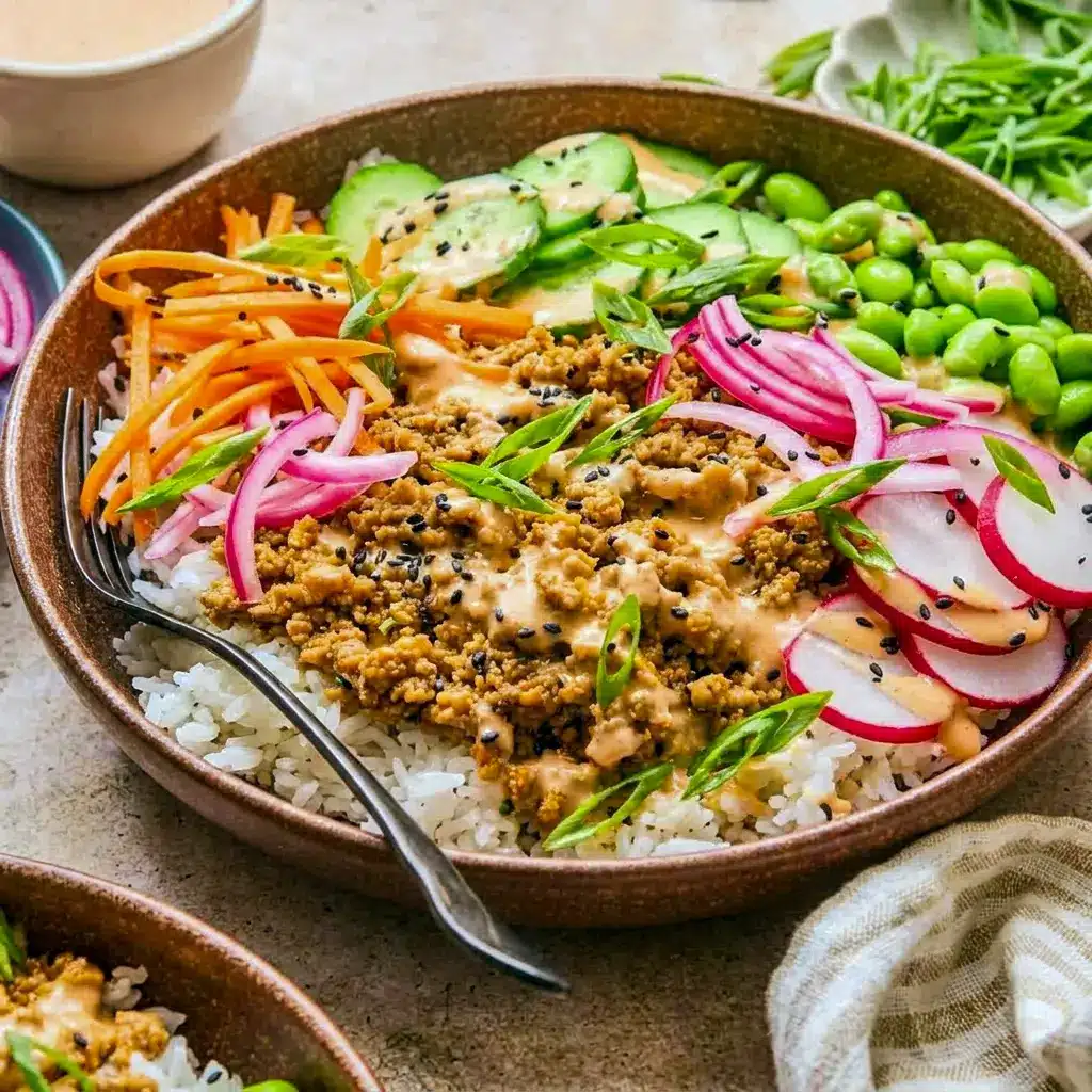 Ground Turkey Rice Bowls with Bang Bang Sauce for Easy Weekday Lunches with rice, veggies, and a creamy spicy drizzle.
