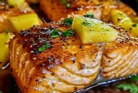 Honey Pineapple Glazed Salmon plated with fresh lime and a bright Hawaiian Salmon finish.