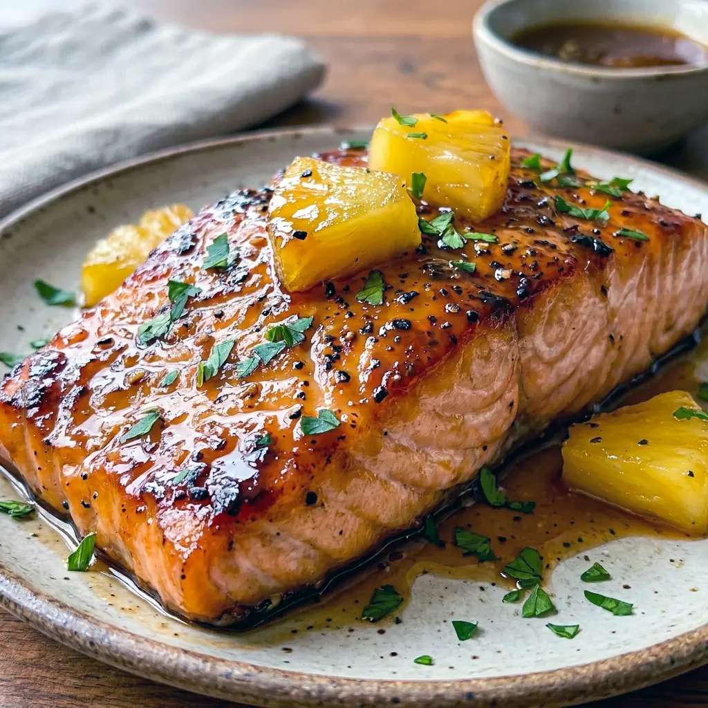 Honey Pineapple Glazed Salmon served over rice with juicy fruit glaze for flavorful Pineapple Salmon Recipes.