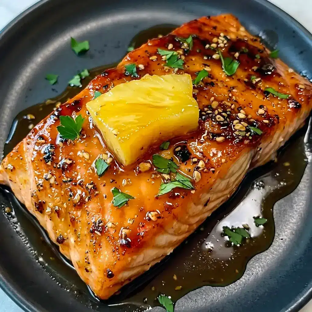 Honey Pineapple Glazed Salmon on a dinner plate with herbs and citrus, inspired by Grilled Salmon With Pineapple Salsa.