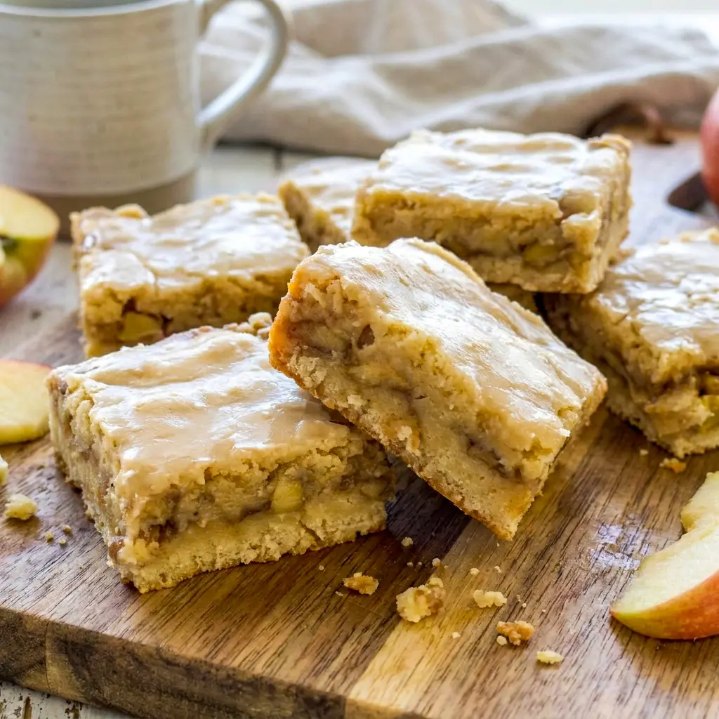 Tray of Maple Glazed Apple Blondies with a rich maple drizzle and soft apple filling, styled as Apple Blondies With Maple Glaze.
