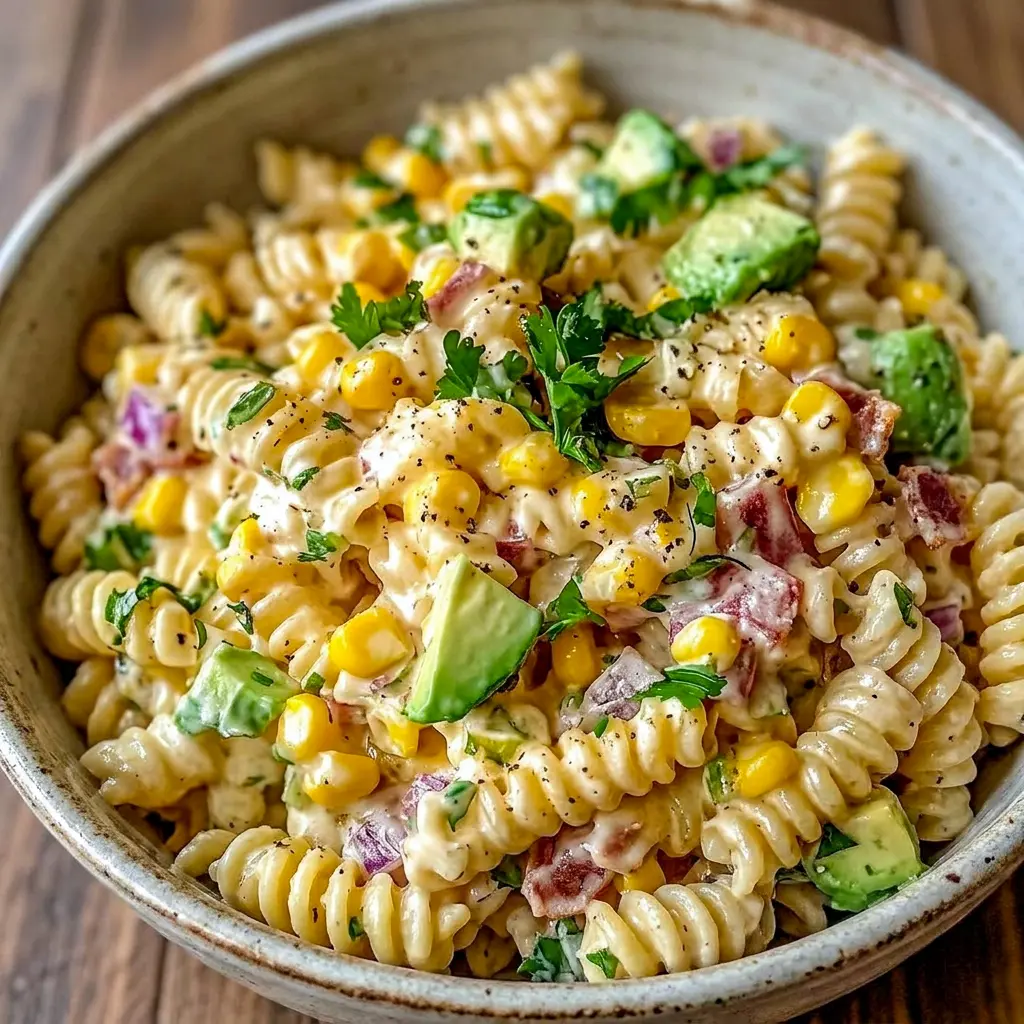 Mexican Street Corn Pasta Salad is a colorful Potluck Items To Bring idea with creamy dressing, corn, and cotija cheese.