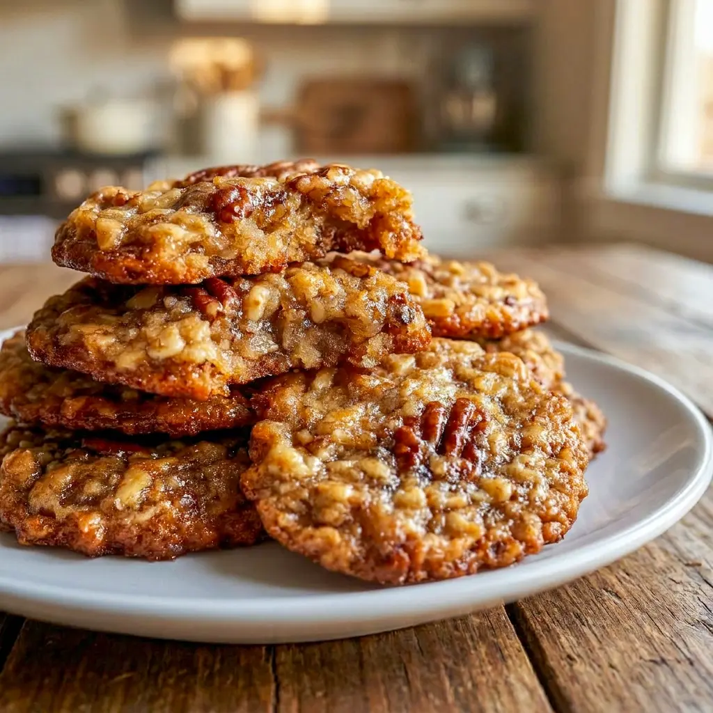 A stack of Pecan Pie Oatmeal Cookies with toasted pecans, perfect for Oatmeal Recipes Cookies and cozy baking.
