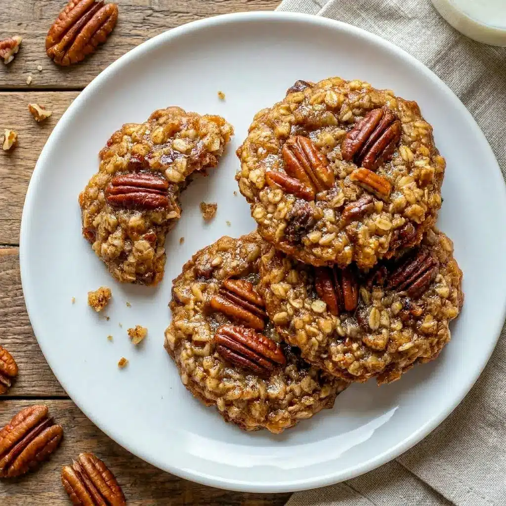 Close-up of Pecan Pie Oatmeal Cookies with a chewy center and nutty topping, ideal for Chewy Oatmeal Pecan Cookies lovers.
