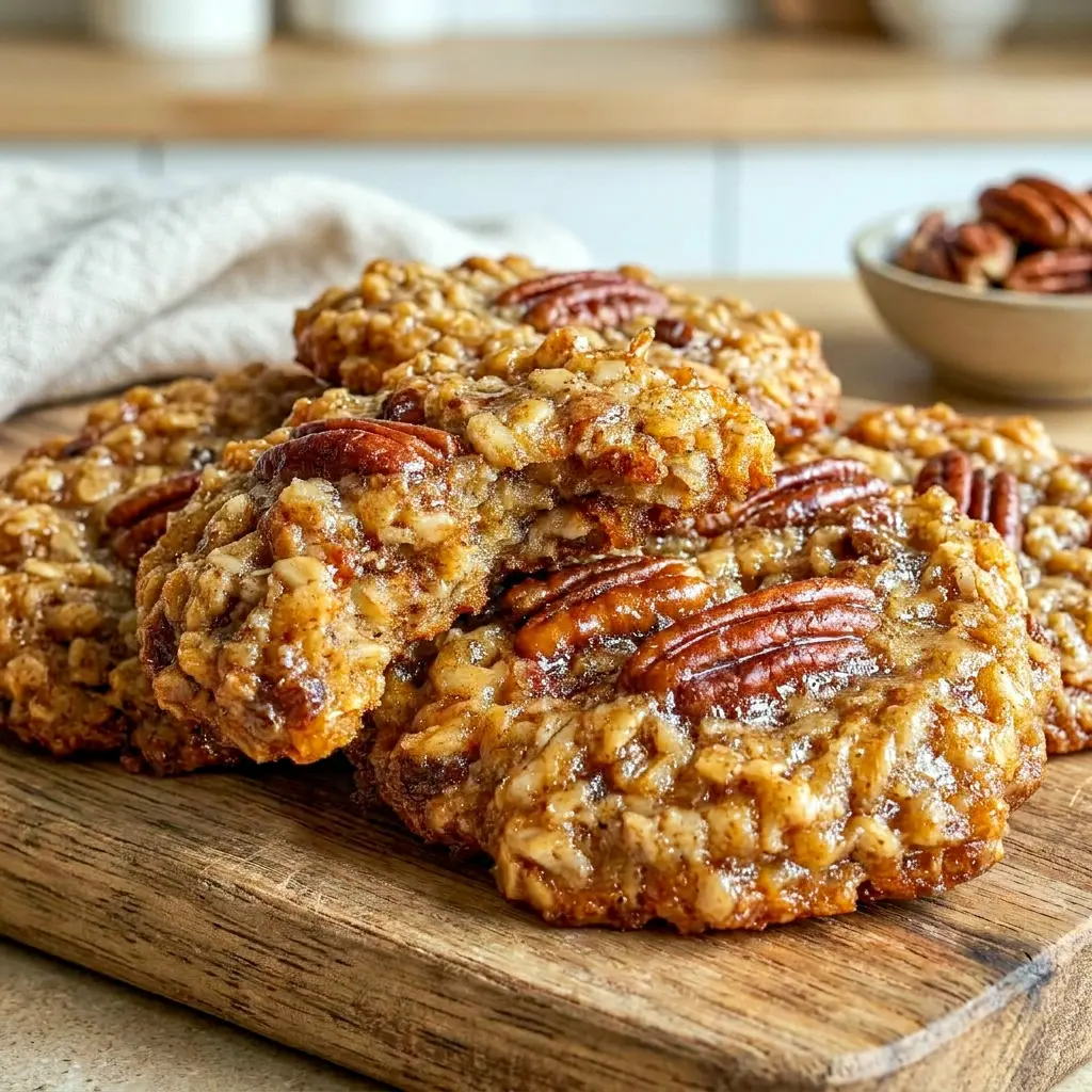 Pecan Pie Oatmeal Cookies on a holiday plate, styled as Soft And Chewy Cookie Recipes with a warm bakery finish.