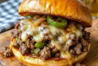 Cozy plate of Philly Cheesesteak Sloppy Joes served warm for Dinner For Football Night with toasted buns and melty cheese.