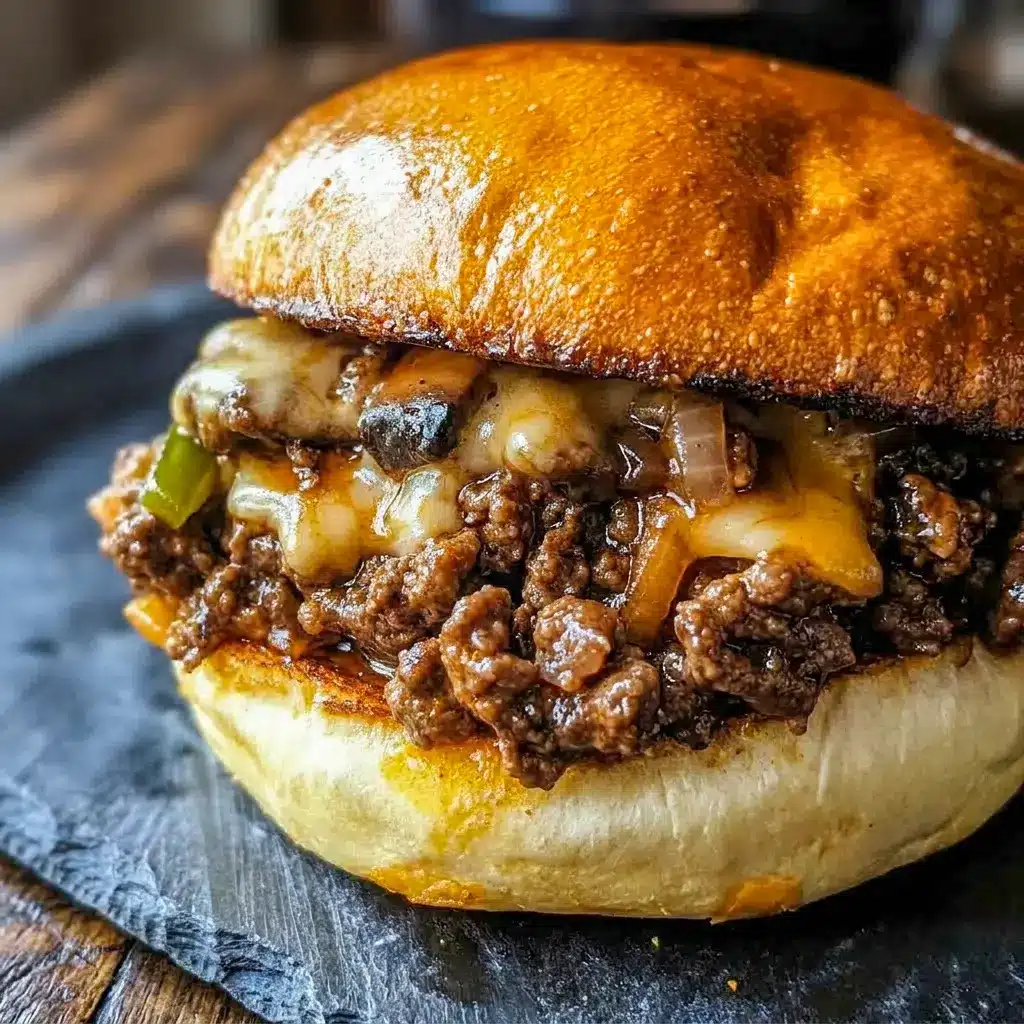 Saucy Philly Cheesesteak Sloppy Joes made for a cozy Weekend Meal with rich beef, peppers, mushrooms, and melted provolone.
