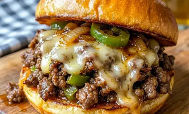 Cozy plate of Philly Cheesesteak Sloppy Joes served warm for Dinner For Football Night with toasted buns and melty cheese.