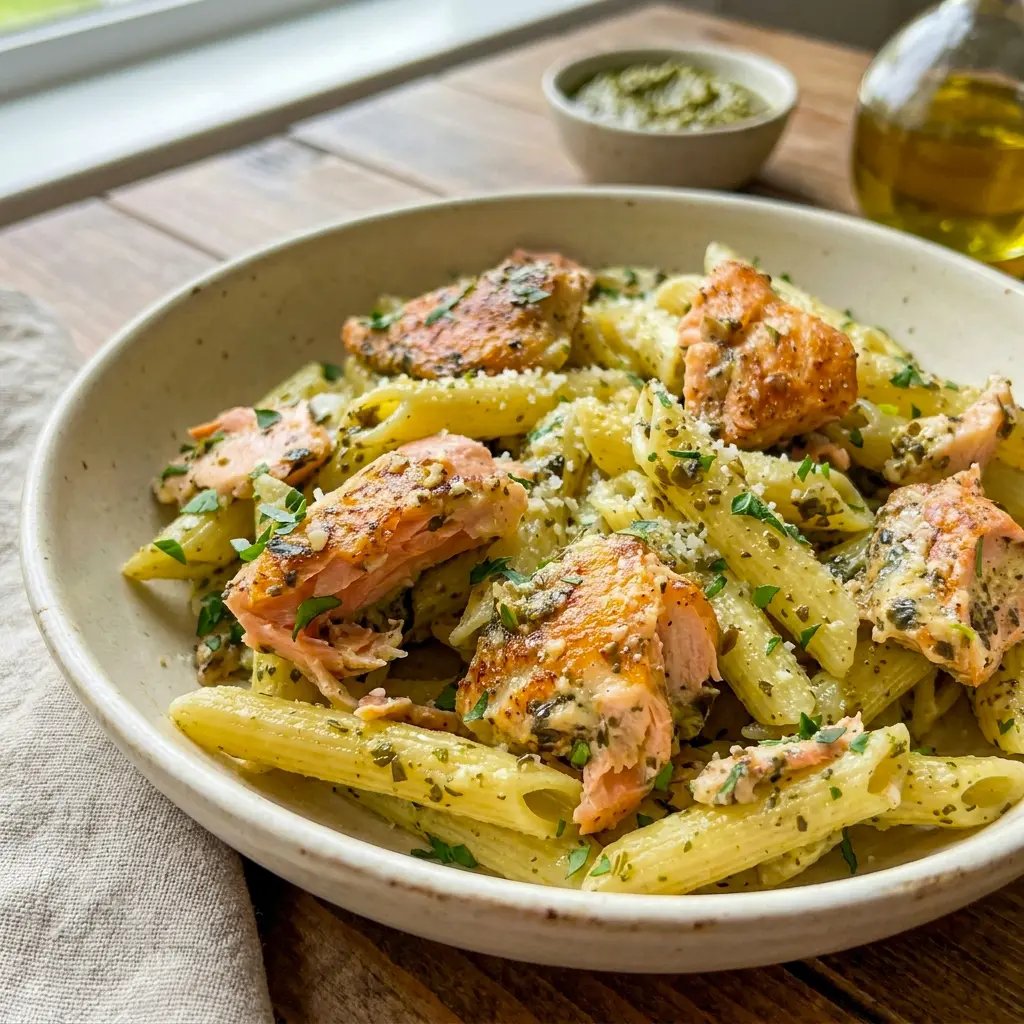 Salmon Pesto Pasta topped with flaky salmon and fresh basil for Easy Pescatarian Meals For Dinner.