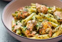 Salmon Pesto Pasta served in a creamy bowl for an easy Pescetarian Dinner.