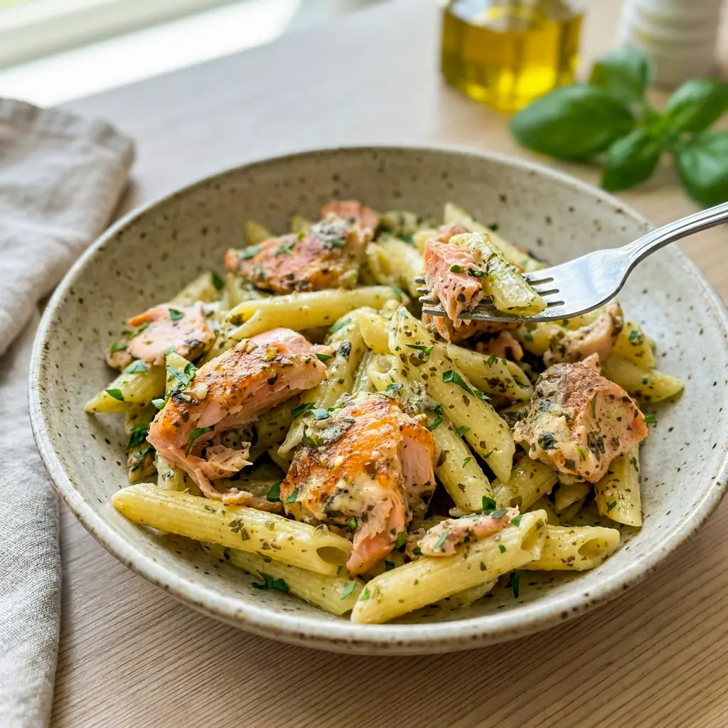 Salmon Pesto Pasta with a rich green sauce for quick Easy Pescatarian Dinner Recipes.