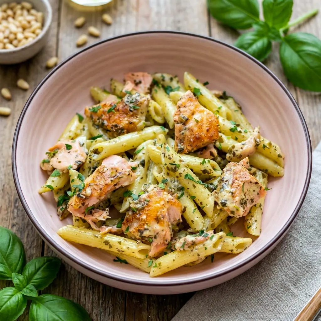 Salmon Pesto Pasta served with crusty bread for comforting Easy Dinner Recipes Pescatarian.