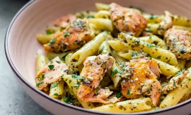 Salmon Pesto Pasta served in a creamy bowl for an easy Pescetarian Dinner.