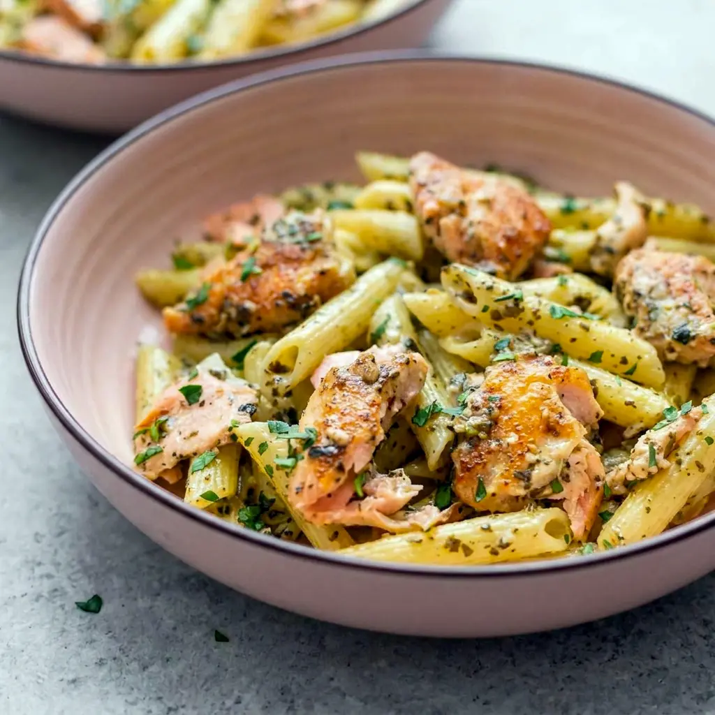 Salmon Pesto Pasta served in a creamy bowl for an easy Pescetarian Dinner.