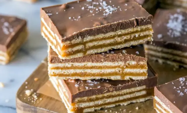 Salt River Bars stacked on a dessert tray for a rich Salt River Bars Recipe with caramel, chocolate, and flaky sea salt.