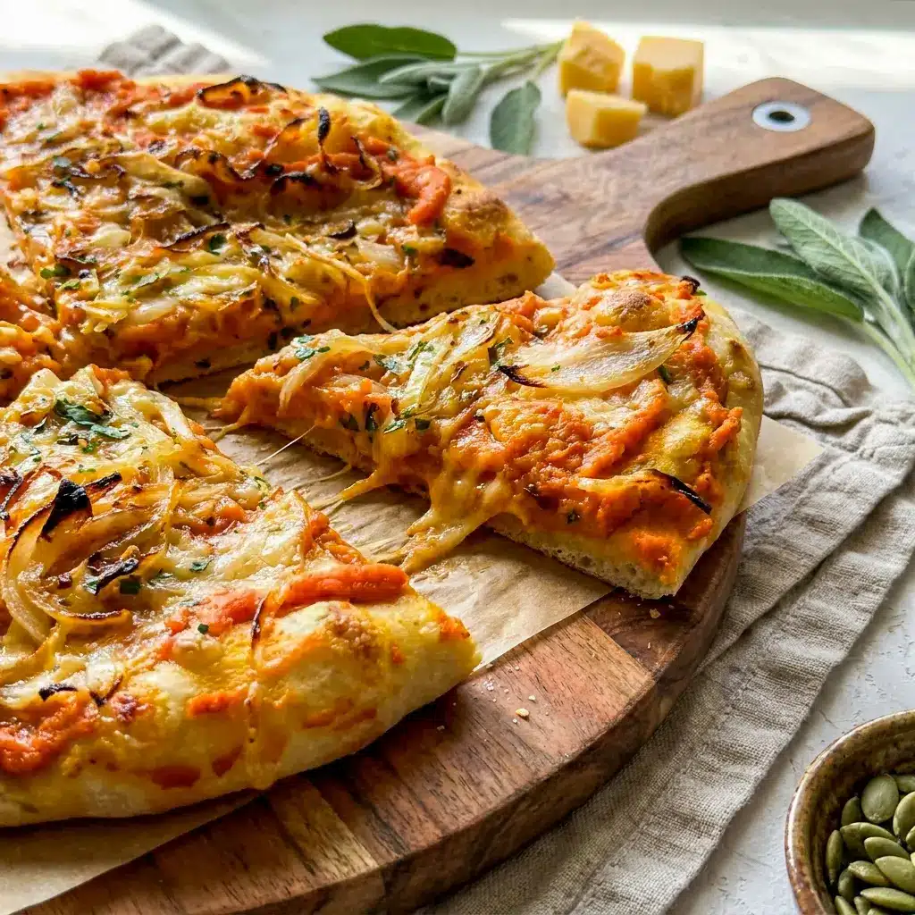 5 Ingredient Pumpkin Gouda Pizza served as one of the best Easy Pumpkin Dinner Recipes with creamy pumpkin, gouda, and golden onions.