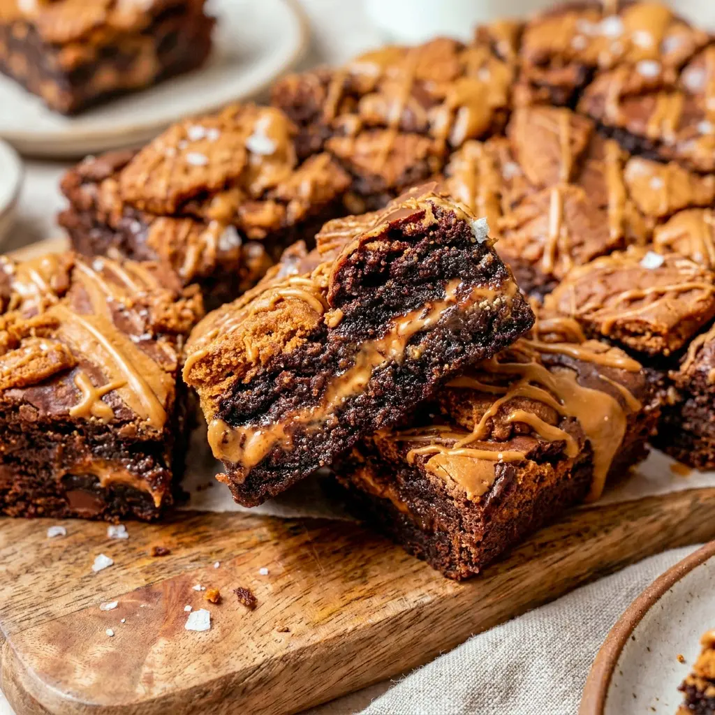 Biscoff Brownies topped with cookie crumbles and melted spread, a perfect Biscoff Brownies Recipe idea.