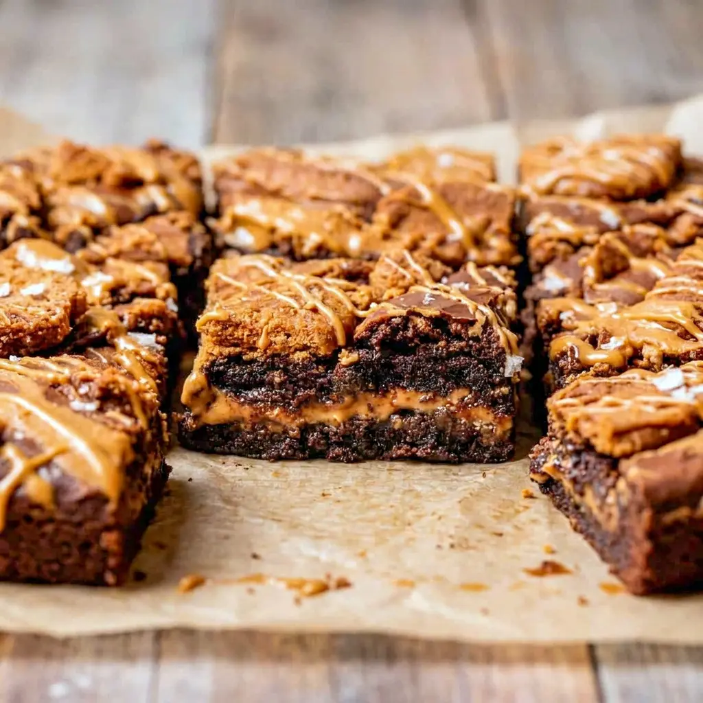 Biscoff Brownies drizzled with cookie butter and finished with a crinkly top, classic Cookie Butter Brownies style.