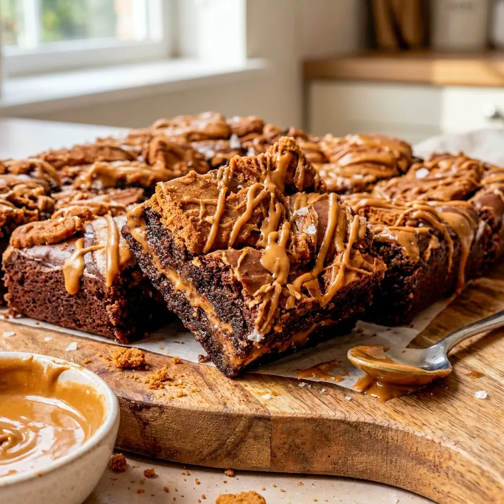 Biscoff Brownies arranged on a dessert plate with a glossy finish, a rich Biscoff Brownie Recipe treat.