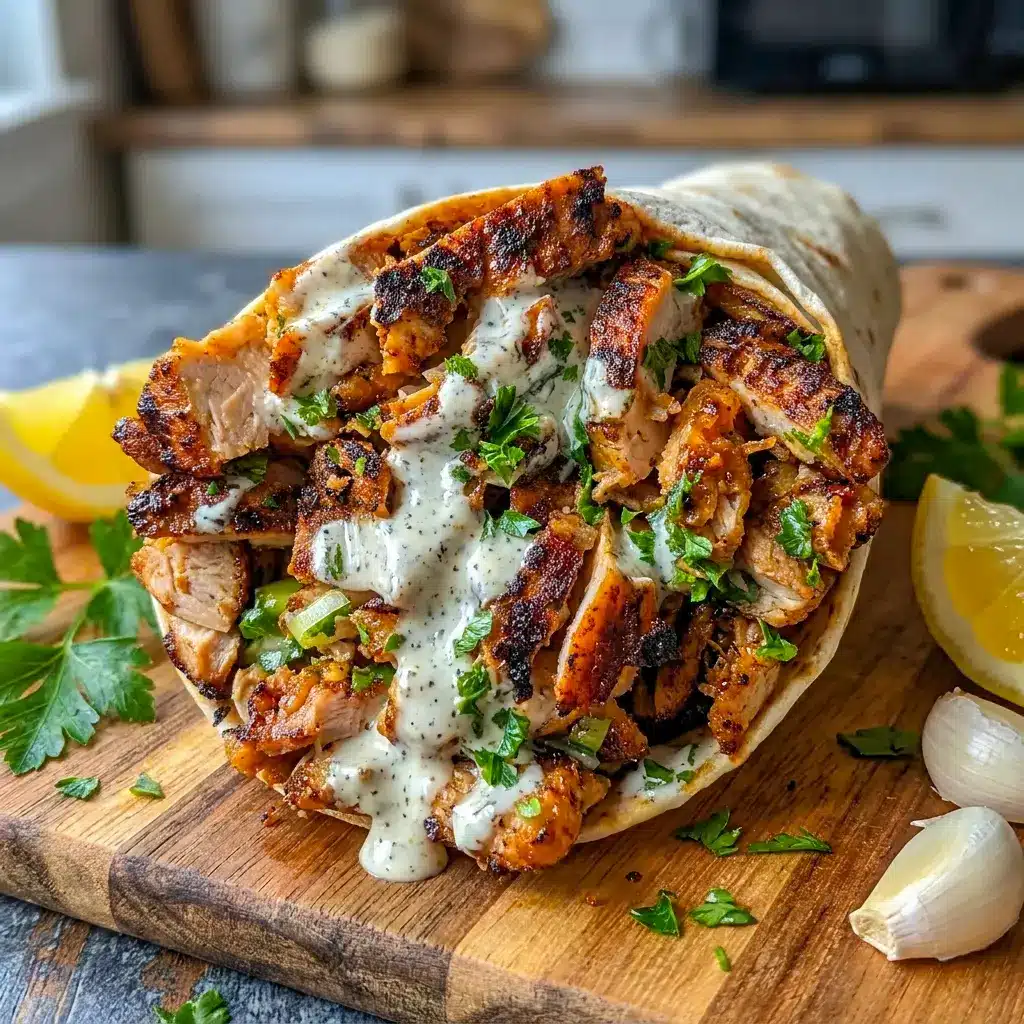 Chicken Shawarma with Garlic Sauce served as a flavorful Cuisine Recipe with tender spiced chicken and creamy sauce.