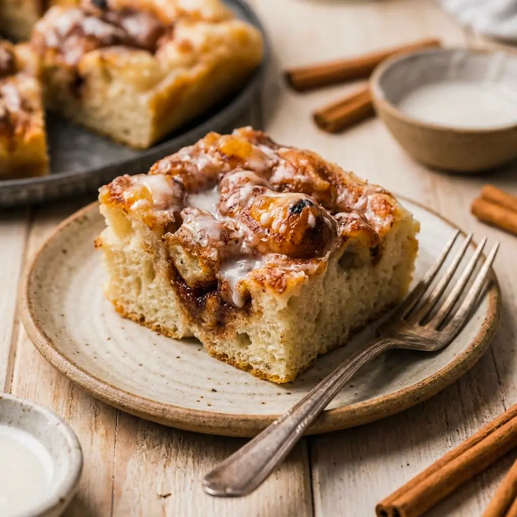 A soft square of Cinnamon Roll Focaccia with caramelized cinnamon sugar, inspired by Rustic Baking Recipes and cozy comfort.