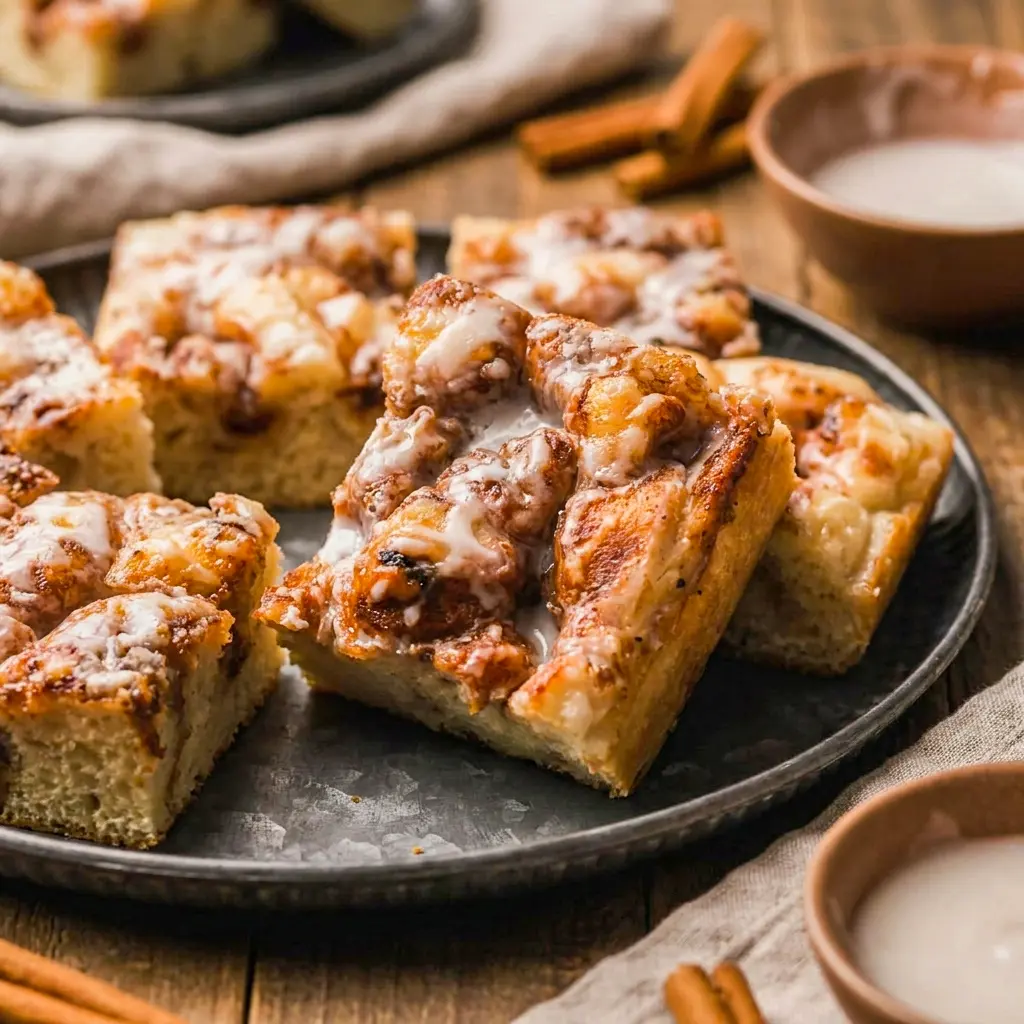 Warm Cinnamon Roll Focaccia slices served fresh from the pan, perfect for Sweet No Knead Bread fans.