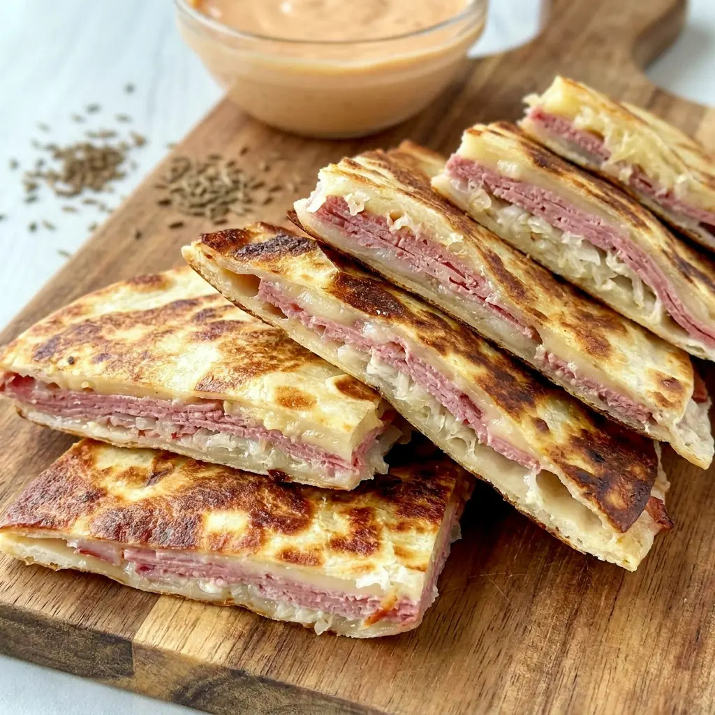 Corned Beef and Swiss Reuben Quesadillas cut into golden wedges, a crowd-pleasing pick for Rueben Appetizer Recipes.