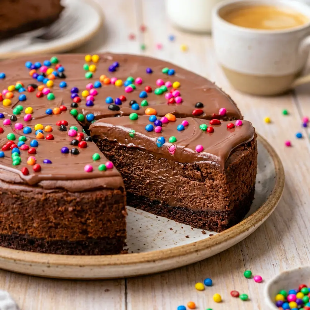 A party-ready Cosmic Brownie Cheesecake inspired by Cosmic Brownies Cheesecake and finished with a shiny chocolate topping.