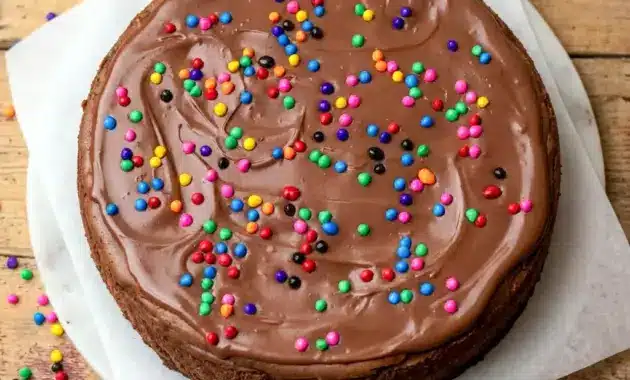 A rich slice of Cosmic Brownie Cheesecake for Creative Cooking Ideas, topped with glossy ganache and colorful candy-coated chips.