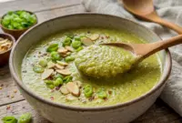 A cozy bowl of Creamy Broccoli and Red Lentil Soup styled as an Easy Vegan Broccoli Soup for a quick weeknight meal.