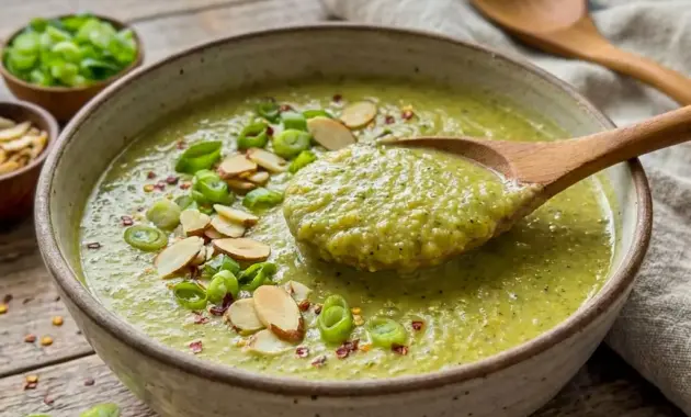 A cozy bowl of Creamy Broccoli and Red Lentil Soup styled as an Easy Vegan Broccoli Soup for a quick weeknight meal.