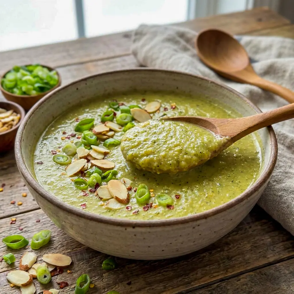 A cozy bowl of Creamy Broccoli and Red Lentil Soup styled as an Easy Vegan Broccoli Soup for a quick weeknight meal.