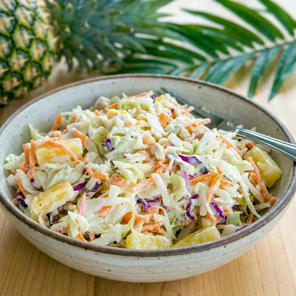 Chilled Hawaiian Pineapple Coleslaw served beside grilled food, a tasty Hawaiian Slaw for BBQ nights.