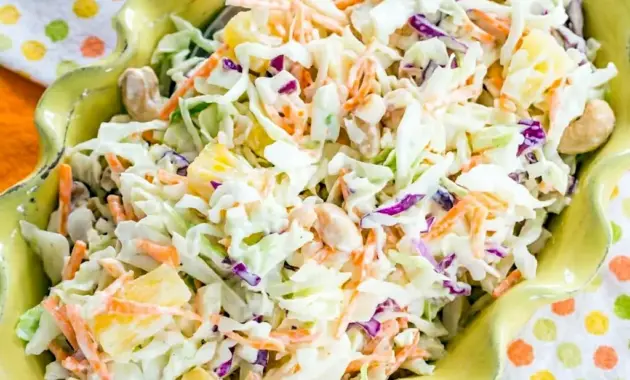 Fresh Hawaiian Pineapple Coleslaw in a bowl, a bright Hawaiian Salads side for summer cookouts.