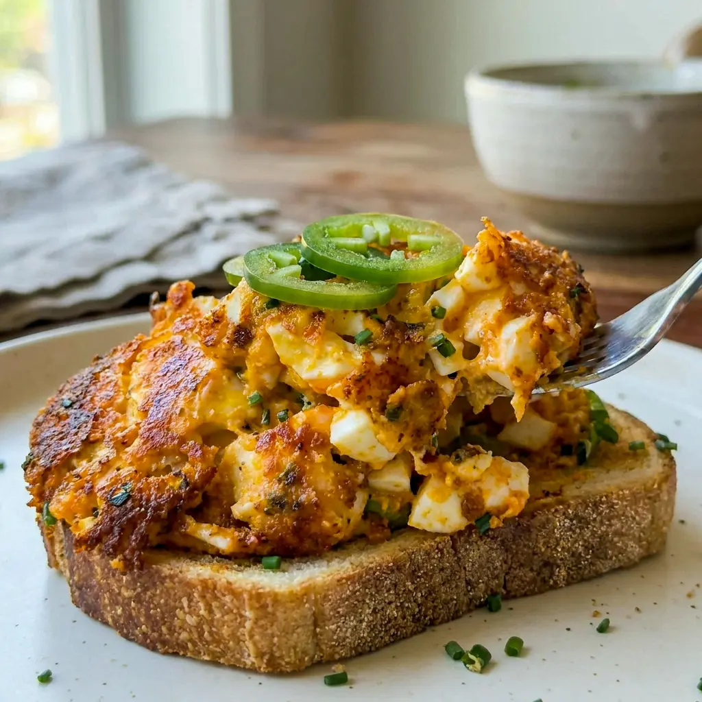 Freshly seared Crispy Egg Salad with jalapeño slices, ideal for Easy Egg Lunch Ideas.