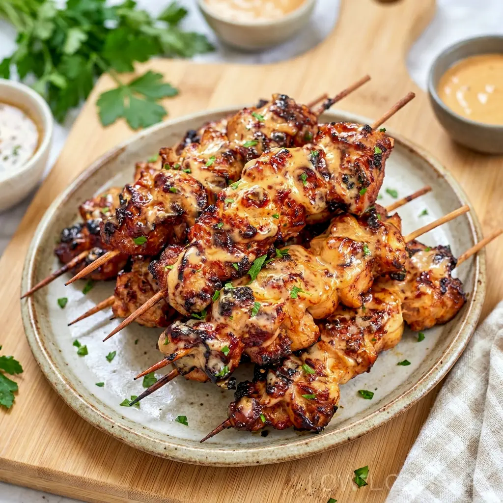 Bang Bang Chicken Skewers topped with fresh herbs, a flavorful idea for Dinner For Game Night.