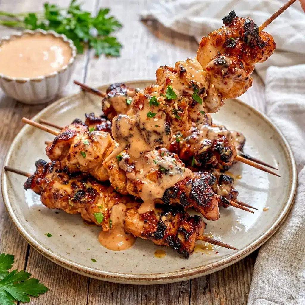 Bang Bang Chicken Skewers arranged with dipping sauce, one of the easiest Easy Grilled Lunch Ideas for a protein-packed meal.