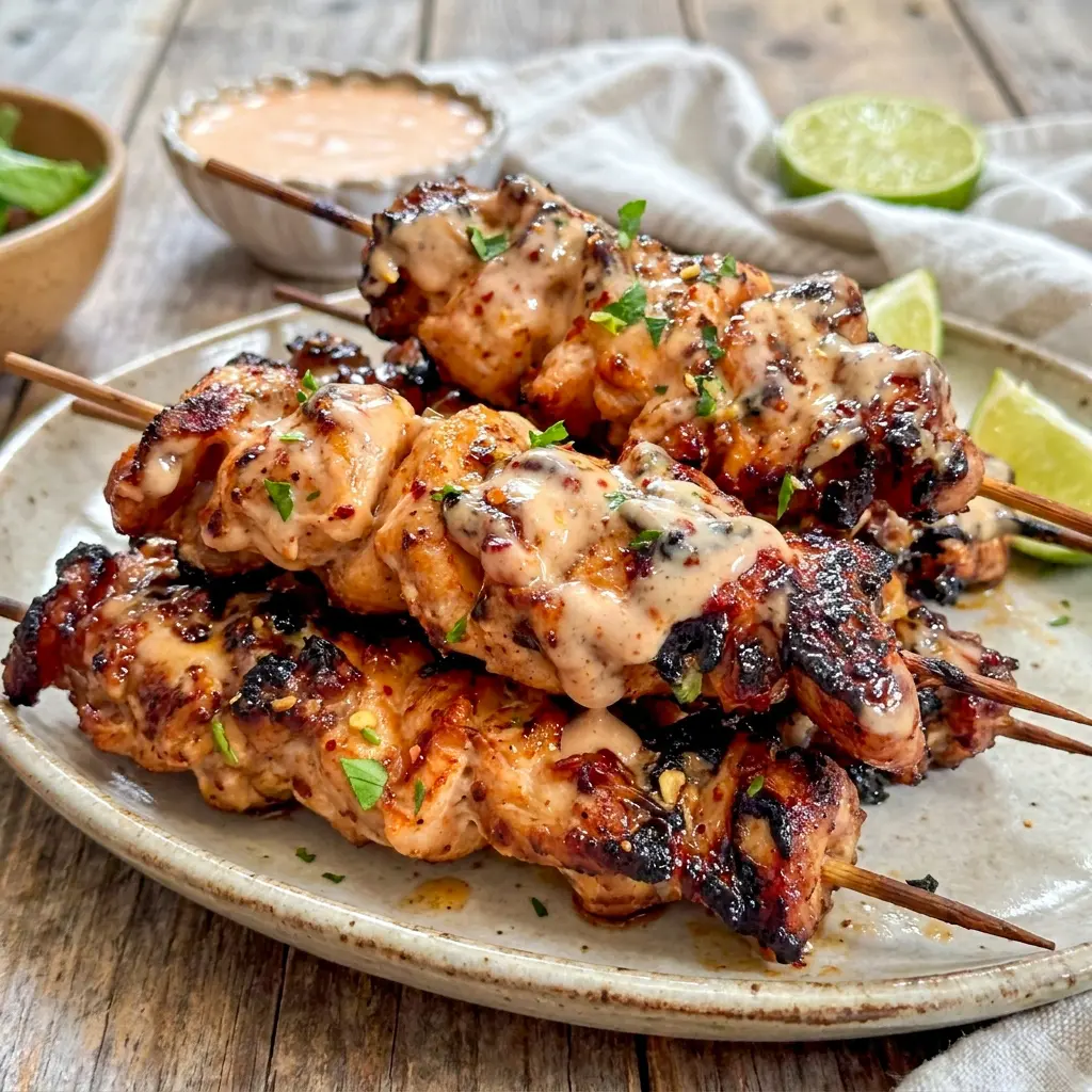 Bang Bang Chicken Skewers served hot on a plate, making a quick and tasty choice for 30 Minute Dinner Recipes Healthy.
