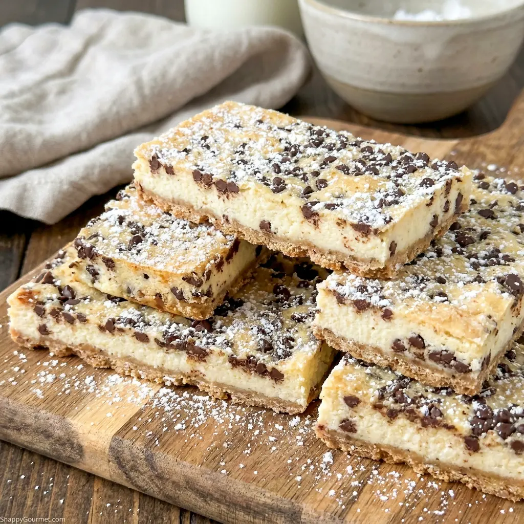 Rich Cannoli Cheesecake Bars topped with powdered sugar, an easy Dessert Bar Recipe for holidays and parties.