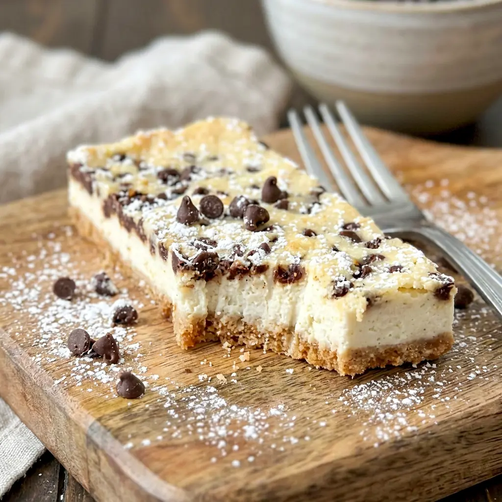 Cannoli Cheesecake Bars served chilled on a plate, a creamy Cannoli Desserts favorite with chocolate chips.