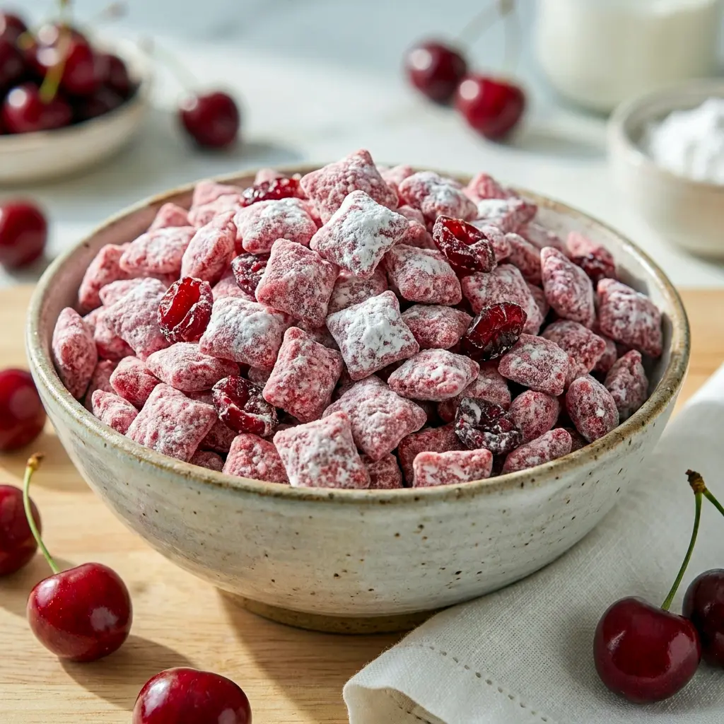 Festive snack mix with Cherry Cheesecake Puppy Chow and creamy coating, a tasty Snack To Share for parties.