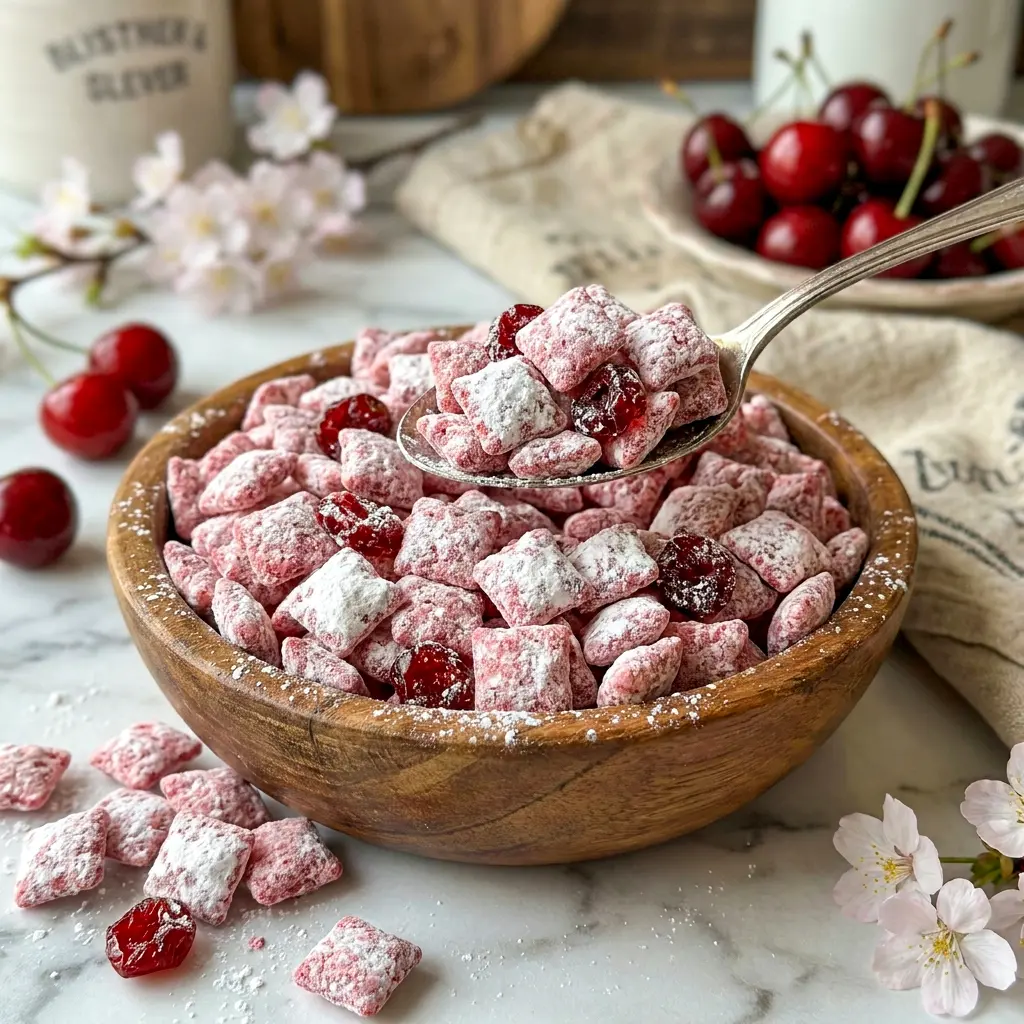 Close-up of Cherry Cheesecake Puppy Chow in a serving dish, one of the easiest Easy Chex Mix Recipes Sweets for gatherings.
