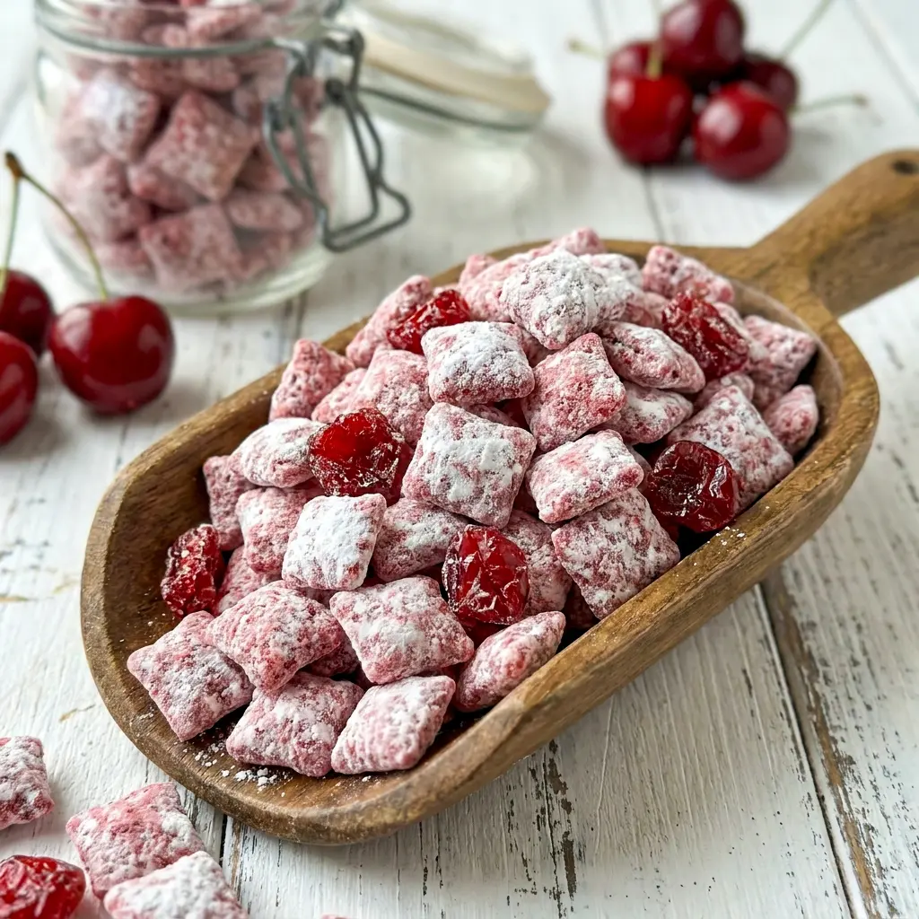 A sweet bowl of Cherry Cheesecake Puppy Chow finished with powdered sugar and cherries, perfect for Snack Exchange Ideas.