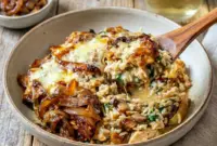 A creamy casserole of French Onion Chicken and Rice with golden cheese and Everyday Food Recipes comfort.