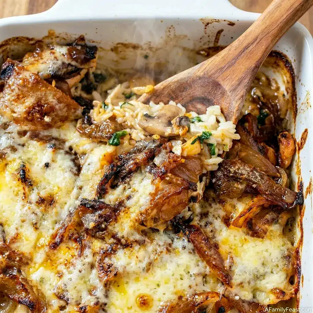 A bubbling pan of French Onion Chicken and Rice that belongs on every list of Large Dinner Recipes.