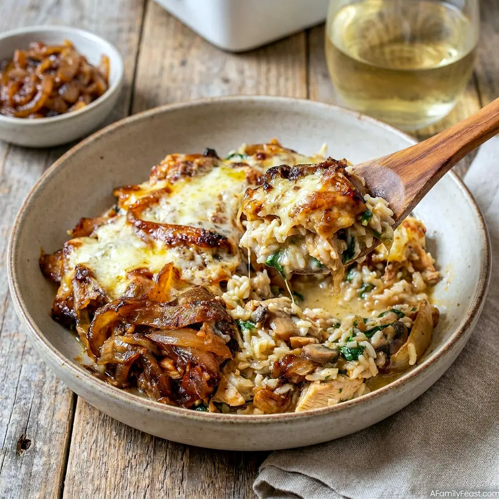 A creamy casserole of French Onion Chicken and Rice with golden cheese and Everyday Food Recipes comfort.