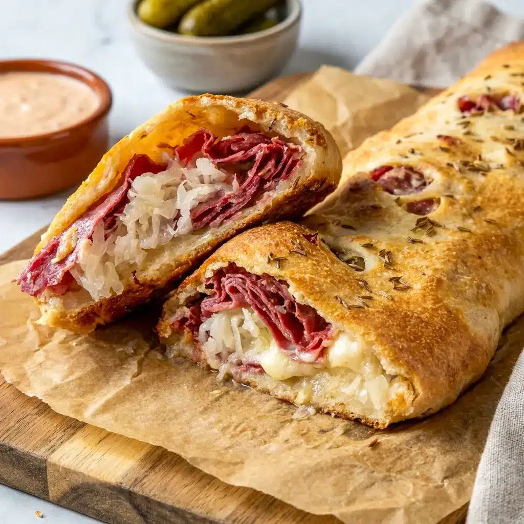 Reuben Stromboli baked golden and sliced for a cheesy Reuben Roll dinner with corned beef, Swiss, and tangy dressing.